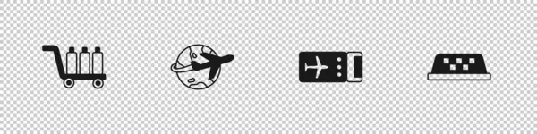 设置特罗利行李 环球与飞行飞机 航空公司机票和出租车车顶图标 — 图库矢量图片