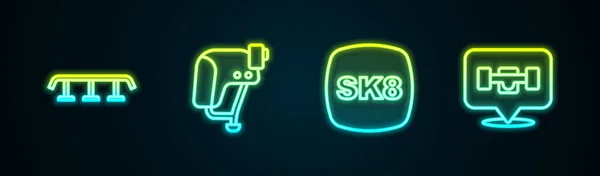 Set Line Skateboard Stairs Rail Helmet Wheel Glowing Neon Icon — Stock Vector