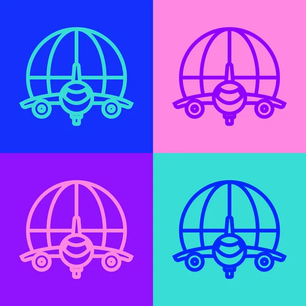 Pop Art Line Globe Flying Plane Icon Isolated Color Background — Stock Vector