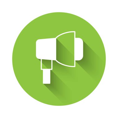 Softbox simgesinde uzun gölgeli beyaz atölye ampulü. Gölge yansıma tasarımı. Yeşil daire düğmesi. Vektör