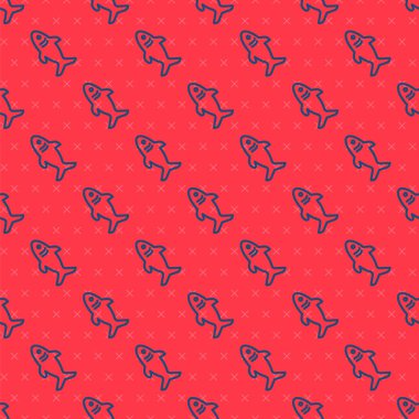 Mavi çizgi köpek balığı simgesi kırmızı arkaplanda kusursuz desen izole etti. Vektör