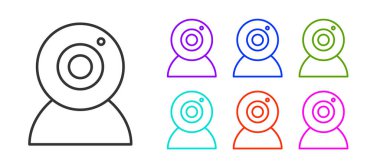 Siyah çizgi web kamera simgesi beyaz arkaplanda izole edildi. Sohbet kamerası. Web kamerası simgesi. Simgeleri renklendirin. Vektör