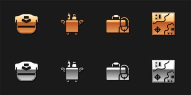 Pilot şapkası, yiyecek için Trolley, bavul ve dünya haritası simgesi ayarla. Vektör