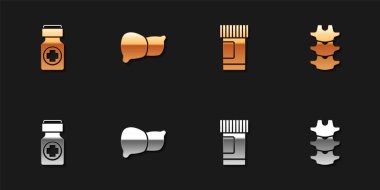 İlaç şişesi, hap, organ ciğeri ve omurga ikonu hazırlayın. Vektör