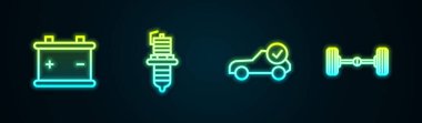 Hat aküsü, buji, otomatik kontrol otomobili ve Chassis arabasını ayarlayın. Parlayan neon ikonu. Vektör