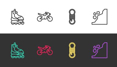 Çizgili paten, motosiklet, tırmanma halatı ve siyah beyaz toprak kaymasını ayarlayın. Vektör
