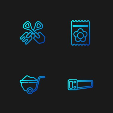 El testeresi, toprak kaplı el arabası, kürek tırmığı ve bitki tohumu dolu bir paket. Renk simgeleri. Vektör