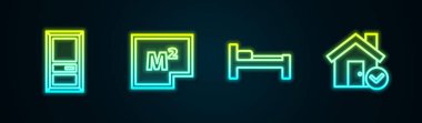 Hat kapalı, ev planı, yatak ve işaretli. Parlayan neon ikonu. Vektör