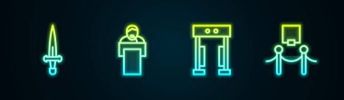 Hançer, konferans, metal dedektörü, resim ve ip bariyeri ayarlayın. Parlayan neon ikonu. Vektör