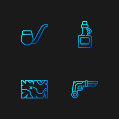 Klasik silahlar, korsan hazine haritası, tüttürme piposu ve alkol içeceği. Renk simgeleri. Vektör