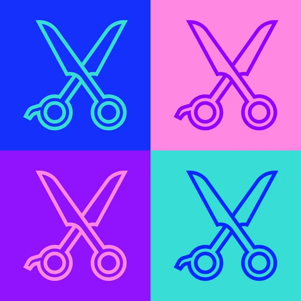 Pop-Art-Linie Schere Friseur-Symbol auf farbigem Hintergrund isoliert. Friseur, Modesalon und Friseursalon. Barbershop-Symbol. Vektor — Stockvektor