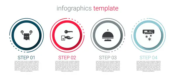 Комплект Туалетный бумажный рулон, Ключ дверного замка отеля, Угловатый с tray и Кондиционер. Бизнес-инфографический шаблон. Вектор — стоковый вектор