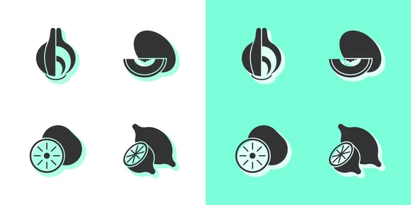 Sätt Lemon, Lök, Kiwi frukt och Melon ikon. Vektor — Stock vektor