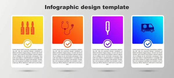 Orvosi injekciós üveg, ampulla, sztetoszkóp, hőmérő és sürgősségi autó. Üzleti infografikai sablon. Vektor — Stock Vector