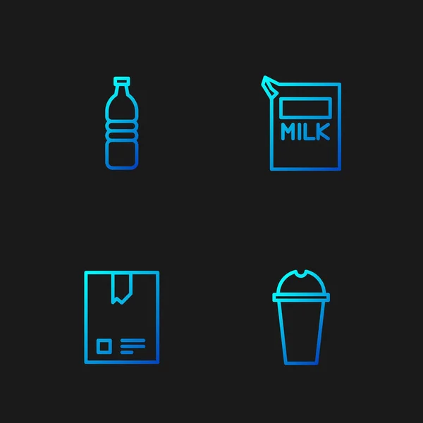 Set Milchshake, Beutel Kaffeebohnen, Flaschenwasser und Papierverpackung für Milch. Farbverlauf-Symbole. Vektor — Stockvektor
