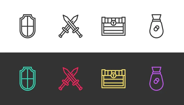 布线盾牌，十字中世纪剑，古董宝箱和旧钱袋黑白相间。B.病媒 — 图库矢量图片