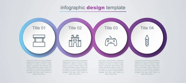 Ustaw linię Bilet box office, Zamek, Gamepad i rakiety fajerwerków. Szablon infograficzny biznesu. Wektor — Wektor stockowy