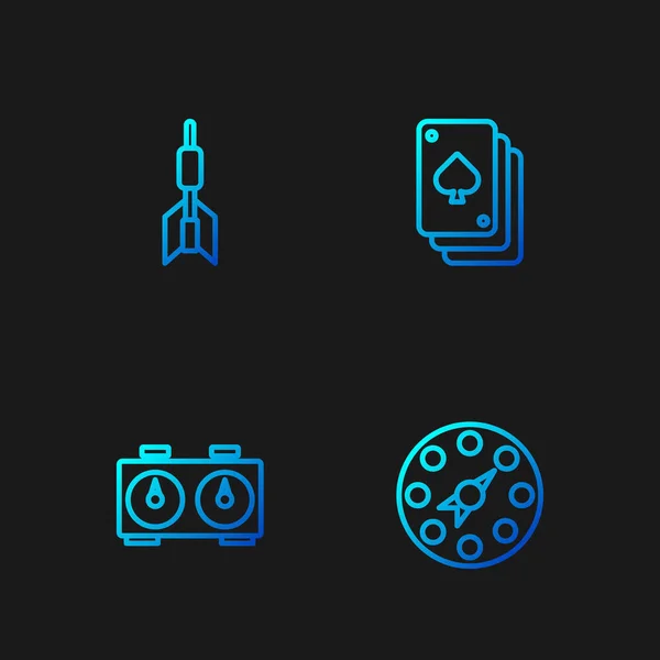 Set línea Twister juego, Tiempo reloj de ajedrez, flecha dardo y naipes. Iconos de color degradado. Vector — Vector de stock