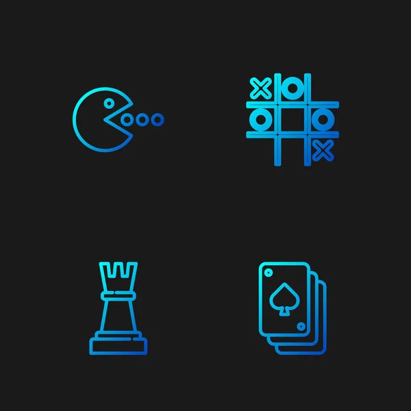 Set line Kártyázás, Sakk, Pacman étellel és Tic tac toe játék. Gradient színes ikonok. Vektor — Stock Vector