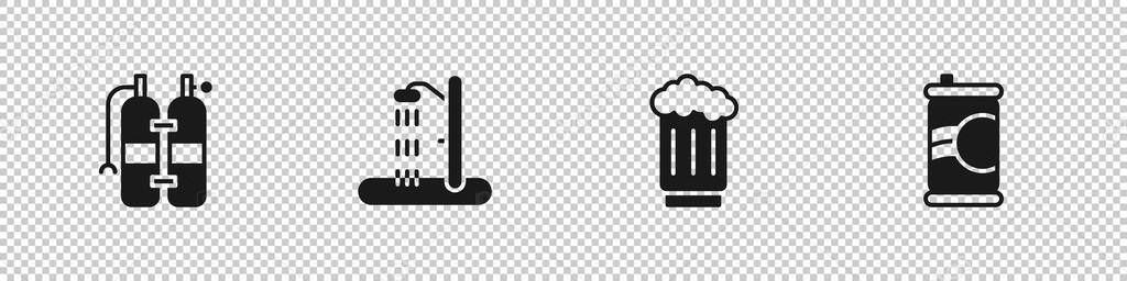 Set Aqualung, Beach shower, Wooden beer mug and Soda can icon. Vector