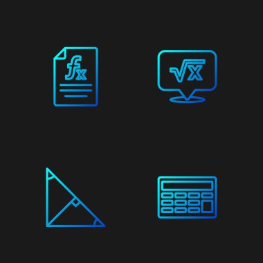 Çizgi Hesap Makinesini, üçgenin açıortay açısını, fonksiyon matematiksel sembolünü ve kare kök x kabartmasını ayarla. Renk simgeleri. Vektör