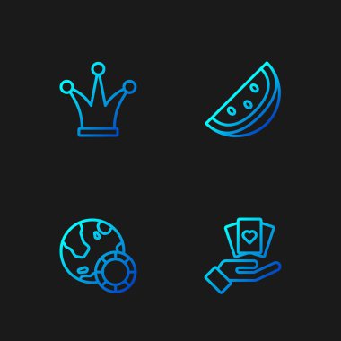 Hat El oyun kartları, kumarhane fişleri, Joker ve karpuzlu slot makinesi. Renk simgeleri. Vektör