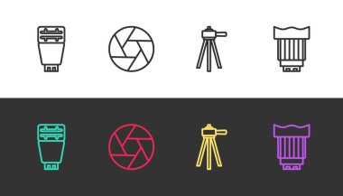 Foto kamera flaşı, kamera deklanşörü, tripod ve fotoğraf lenslerini siyah ve beyaza ayarla. Vektör