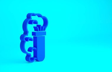 Mavi Kimyasal deney, mavi arka planda izole edilmiş şişe ikonundaki patlama. Test tüpünde kimyasal patlama. Minimalizm kavramı. 3d illüstrasyon 3B canlandırma