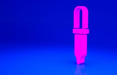 Pembe Pipette simgesi mavi arkaplanda izole edilmiş. Tıbbi elementler, kimya laboratuarı ekipmanları. Tıp sembolü. Minimalizm kavramı. 3d illüstrasyon 3B canlandırma