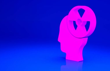 Bir insan kafasının pembe silueti ve mavi arkaplanda izole edilmiş bir radyasyon sembolü. Minimalizm kavramı. 3d illüstrasyon 3B canlandırma