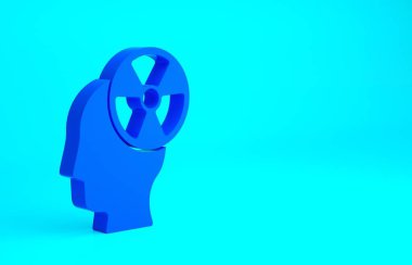 Bir insan kafasının mavi silueti ve mavi arkaplanda izole edilmiş bir radyasyon sembolü. Minimalizm kavramı. 3d illüstrasyon 3B canlandırma