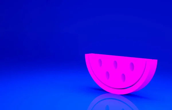 青い背景にピンクのスイカのアイコンが孤立しています。最小限の概念。3Dイラスト3Dレンダリング — ストック写真