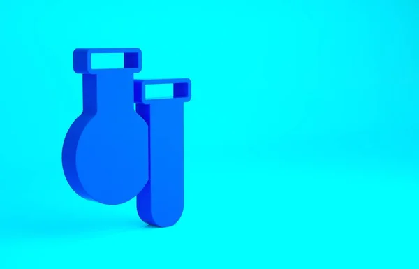 Ícone de teste do laboratório químico do tubo de teste azul e do frasco isolado no fundo azul. Sinal de vidro de laboratório. Conceito de minimalismo. 3D ilustração 3D render — Fotografia de Stock