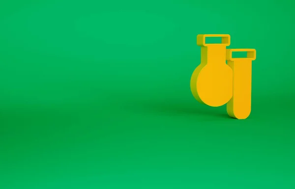 Narancs kémcső és lombik kémiai laboratóriumi vizsgálati ikon elkülönítve zöld alapon. Laboratóriumi üvegáru jel. Minimalizmus koncepció. 3d illusztráció 3D render — Stock Fotó