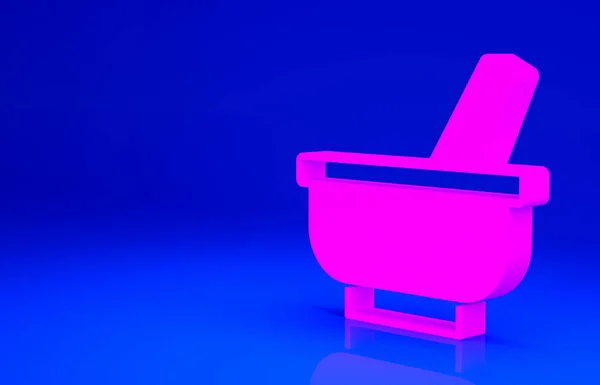 Rózsaszín Mortar és mozsárágyú ikon elszigetelt kék alapon. Minimalizmus koncepció. 3d illusztráció 3D render — Stock Fotó