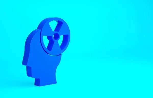 人間の頭の青いシルエットと青い背景に隔離された放射線のシンボルアイコン。最小限の概念。3Dイラスト3Dレンダリング — ストック写真