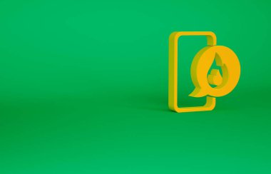 Yeşil arka planda 911 ikonuna sahip turuncu cep telefonu. Polis, ambulans, itfaiye, çağrı, telefon. Minimalizm kavramı. 3d illüstrasyon 3B canlandırma