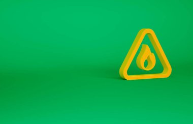 Yeşil arka planda izole edilmiş turuncu ateş üçgeni simgesi. Yanıcı madde için uyarı işareti. Minimalizm kavramı. 3d illüstrasyon 3B canlandırma