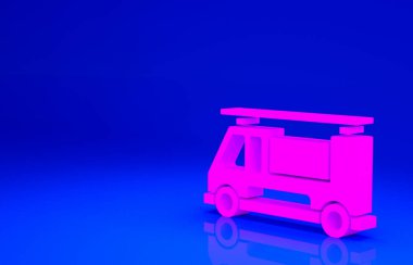 Pembe itfaiye aracı simgesi mavi arkaplanda izole edildi. İtfaiye. İtfaiyeciler acil durum aracı. Minimalizm kavramı. 3d illüstrasyon 3B canlandırma