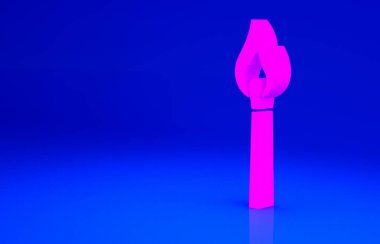 Mavi arka planda izole edilmiş ateş ikonu ile pembe yakma kibriti. Ateşle maç. Kibrit işareti. Minimalizm kavramı. 3d illüstrasyon 3B canlandırma