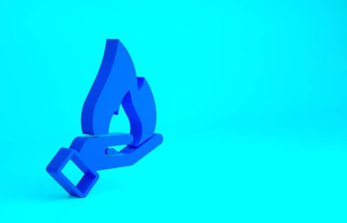 Mavi El mavi arka planda izole edilmiş bir ateş ikonu tutuyor. Sigorta konsepti. Güvenlik, güvenlik, koruma, konsept koruma. Minimalizm kavramı. 3d illüstrasyon 3B canlandırma