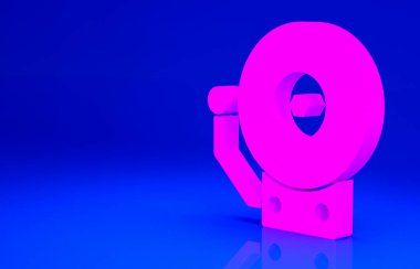 Pembe zil ikonu mavi arkaplanda izole edilmiş. Yangın alarmı. Servis zili, el zili işareti, uyarı sembolü. Minimalizm kavramı. 3d illüstrasyon 3B canlandırma