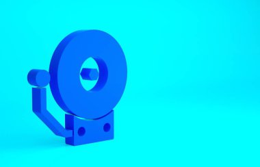 Mavi alarm zili simgesi mavi arkaplanda izole edildi. Yangın alarmı. Servis zili, el zili işareti, uyarı sembolü. Minimalizm kavramı. 3d illüstrasyon 3B canlandırma