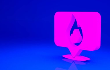 Mavi zemin üzerinde ateş alev ikonu olan pembe harita işaretçisi. Yakında yangın var. Minimalizm kavramı. 3d illüstrasyon 3B canlandırma