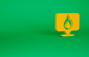 Yeşil zemin üzerinde ateş alev ikonu olan turuncu harita işaretçisi. Yakında yangın var. Minimalizm kavramı. 3d illüstrasyon 3B canlandırma