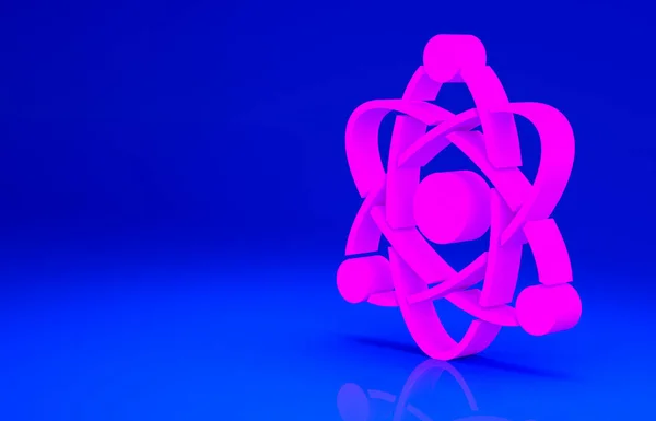 Pink Atom icon isolated on blue background. Symbol of science, education, nuclear physics, scientific research. Minimalism concept. 3d illustration 3D render