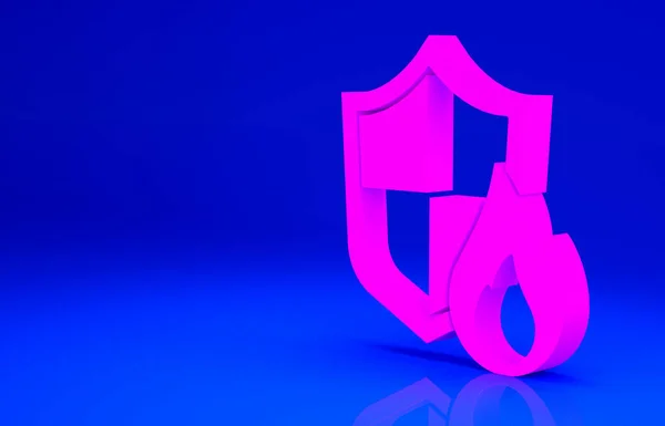 Символ щита рожевого вогню ізольований на синьому фоні. Концепція страхування. Безпека, безпека, захист, захист. Концепція мінімалізму. 3D-рендеринг — стокове фото