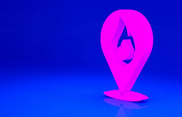 Pink Map pointer met vuur vlam pictogram geïsoleerd op blauwe achtergrond. Brand in de buurt. Minimalisme concept. 3d illustratie 3D renderen — Stockfoto