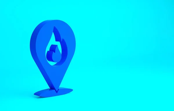 Ponteiro de mapa azul com ícone de chama de fogo isolado no fundo azul. Disparar perto. Conceito de minimalismo. 3D ilustração 3D render — Fotografia de Stock