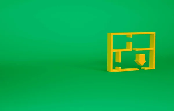 Πορτοκαλί εικονίδιο σχέδιο εκκένωσης απομονωμένο σε πράσινο φόντο. Σχέδιο διαφυγής κινδύνου. Μινιμαλιστική έννοια. 3d απεικόνιση 3D καθιστούν — Φωτογραφία Αρχείου